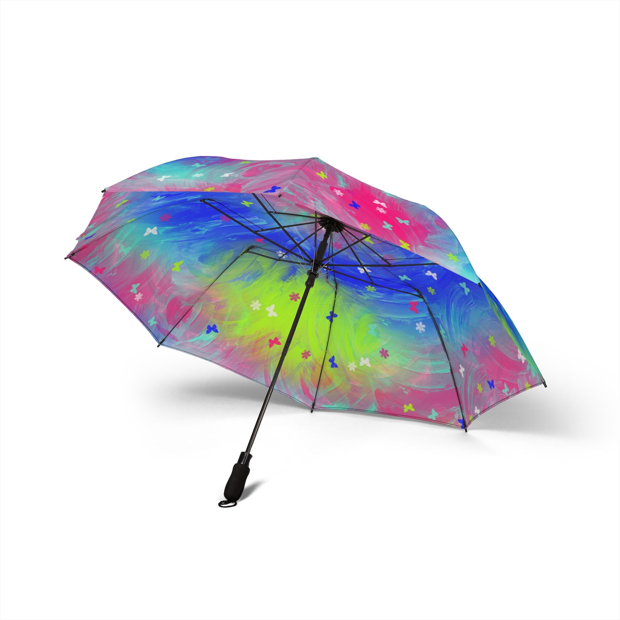 Foldable Umbrella - Colorful Watercolor Butterfly Print, Semi-Automatic Compact Rain Umbrella