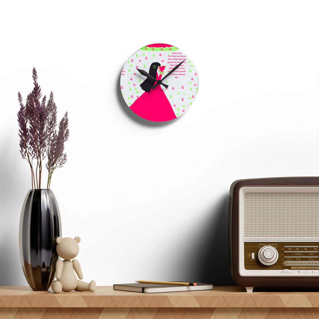 Christian Girl Acrylic Wall Clock — John 3:16 Floral Prayer Design