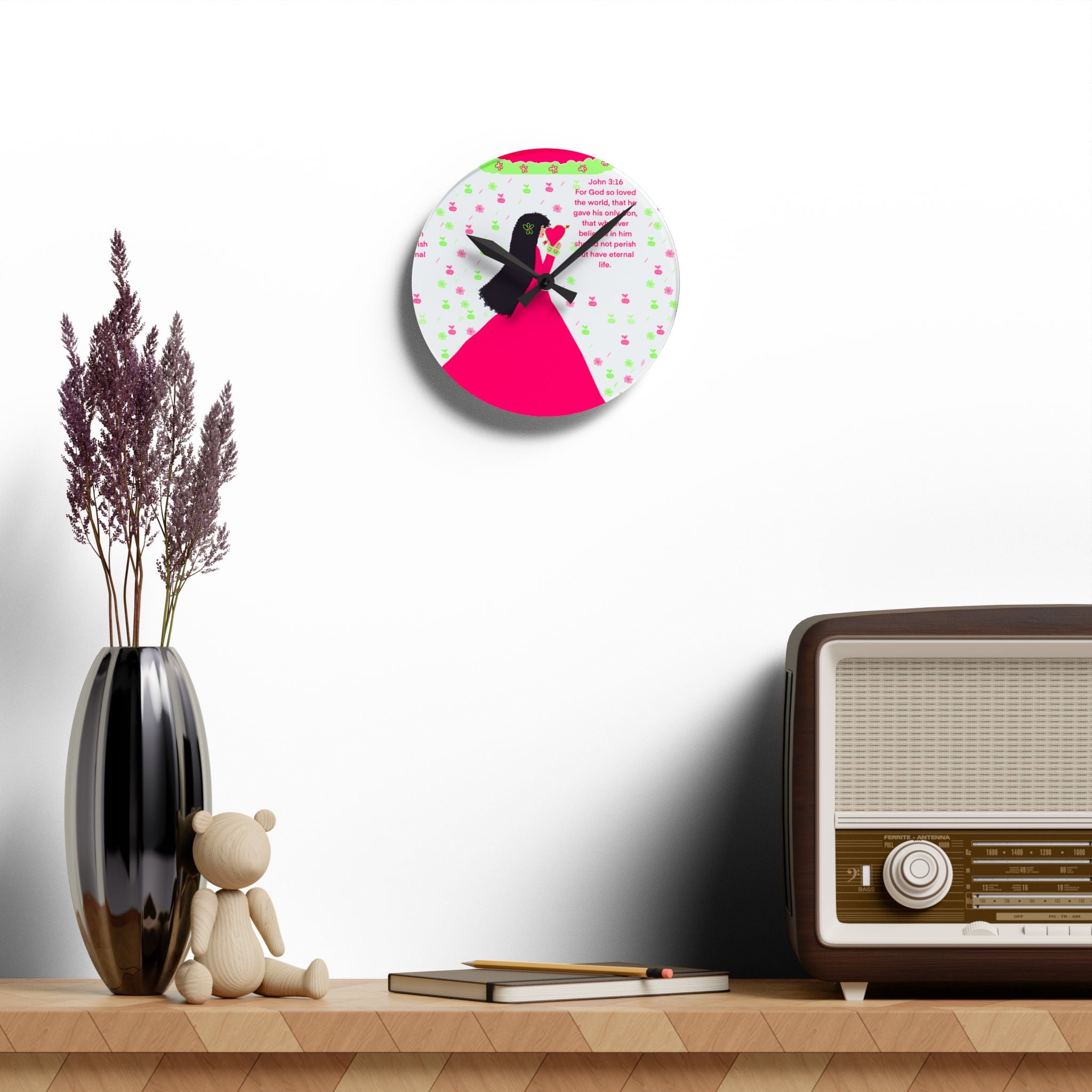 Christian Girl Acrylic Wall Clock — John 3:16 Floral Prayer Design