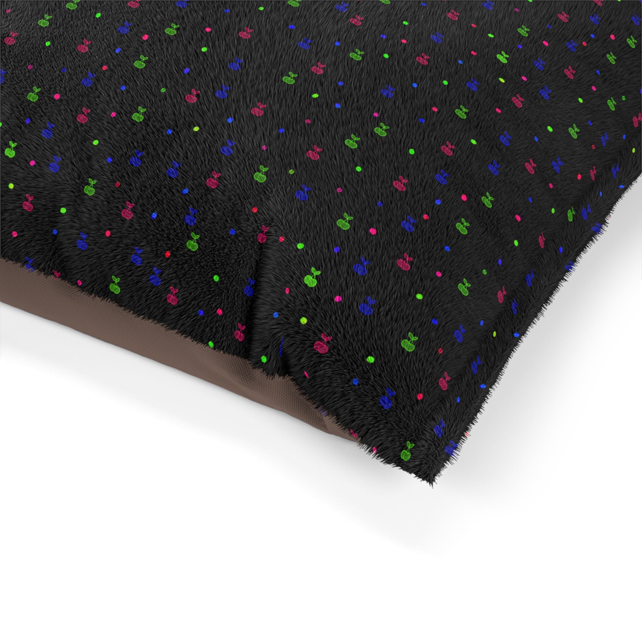 Pet Bed - Cozy Black Plush Bed with Colorful Confetti Paw Print Pattern