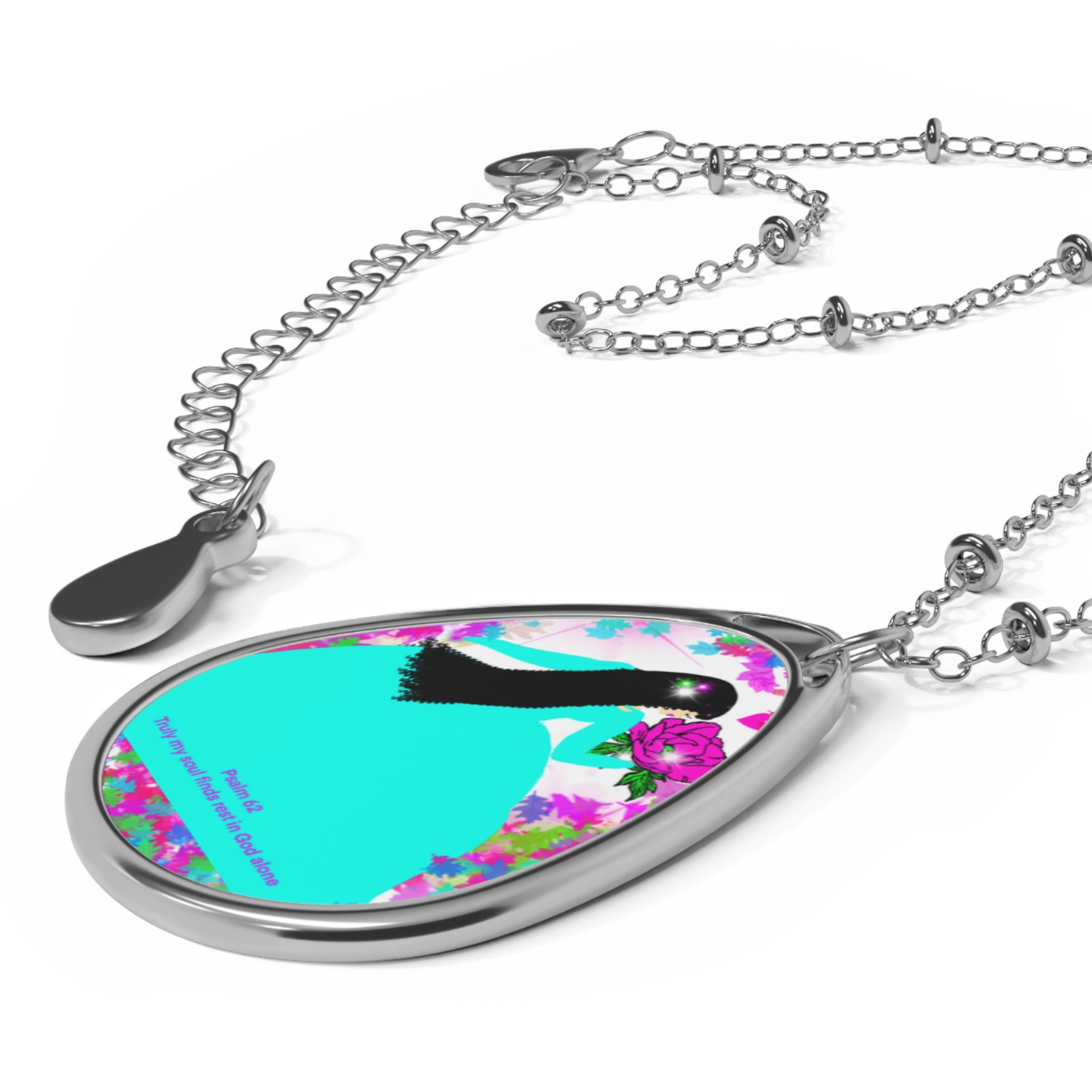 Floral Bird Oval Necklace — Teal Pendant with Purple Blooms