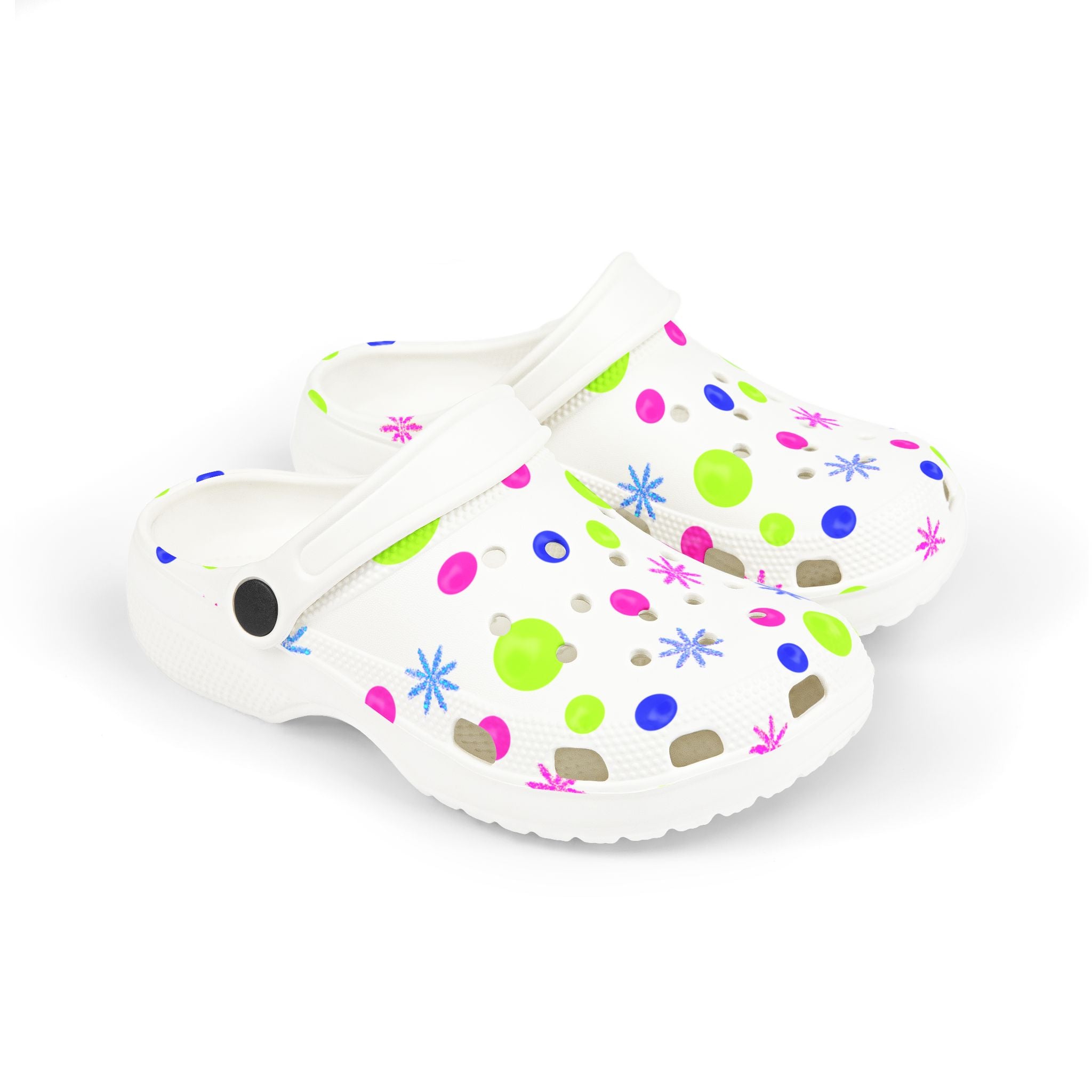 Kids EVA Foam Clogs — White Neon Polka Dot Splash
