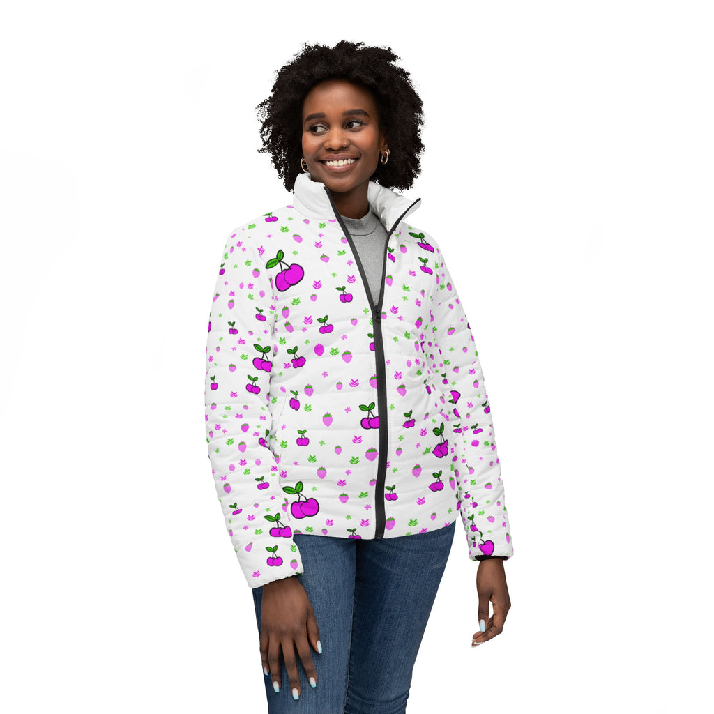 Cherry Dots Women’s Puffer Jacket — Cute Pink & Purple Cherry All-Over Print