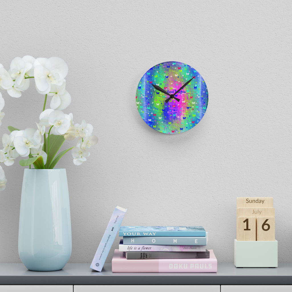 Butterfly Dreams Acrylic Wall Clock — Colorful 'God Reigns' Spiritual Decor