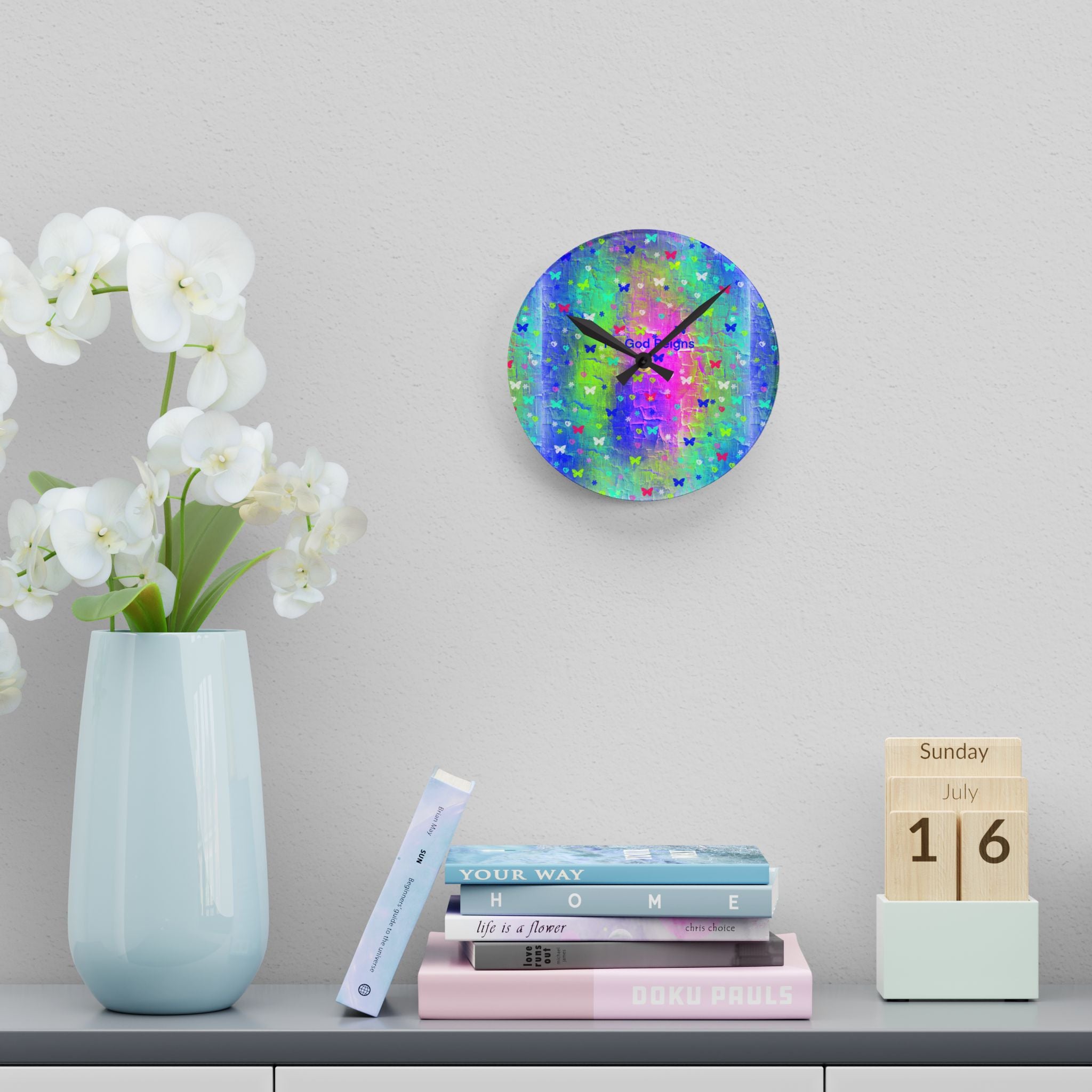 Butterfly Dreams Acrylic Wall Clock — Colorful 'God Reigns' Spiritual Decor