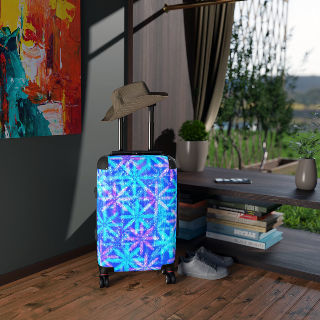 Carry-On Suitcase with Blue Geometric Starburst Print – Vibrant Travel Luggage