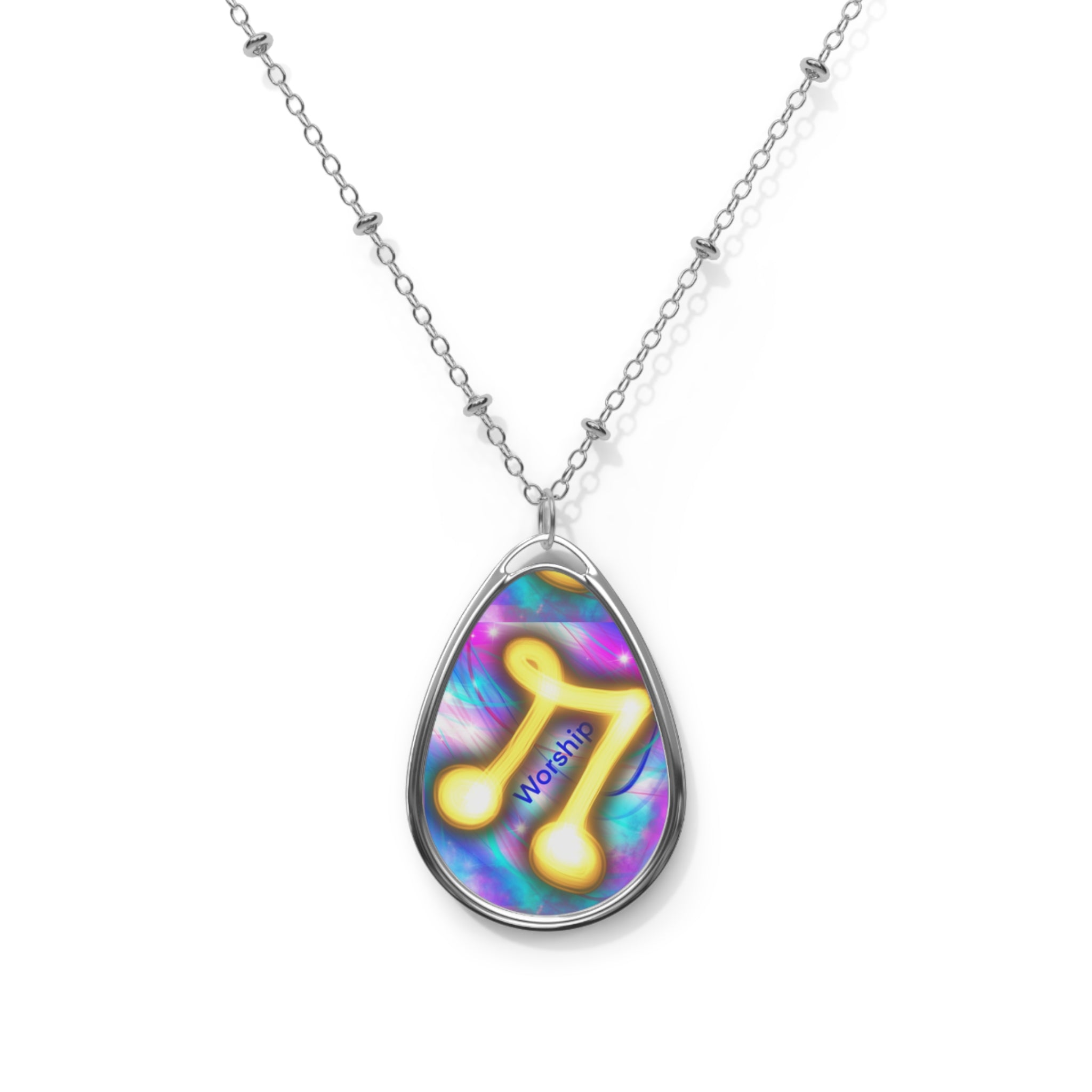 Oval Pendant Necklace — Psychedelic Rainbow 'Worship' Teardrop Jewelry