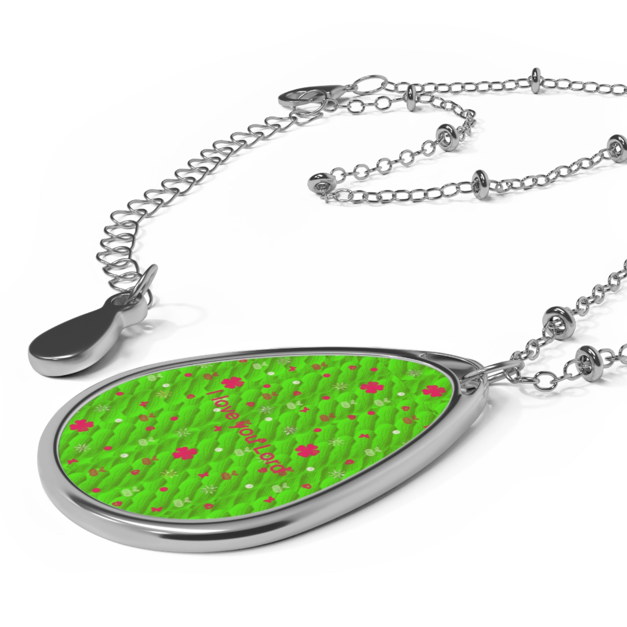 Green Meadow Oval Pendant Necklace — Personalized Teardrop Locket