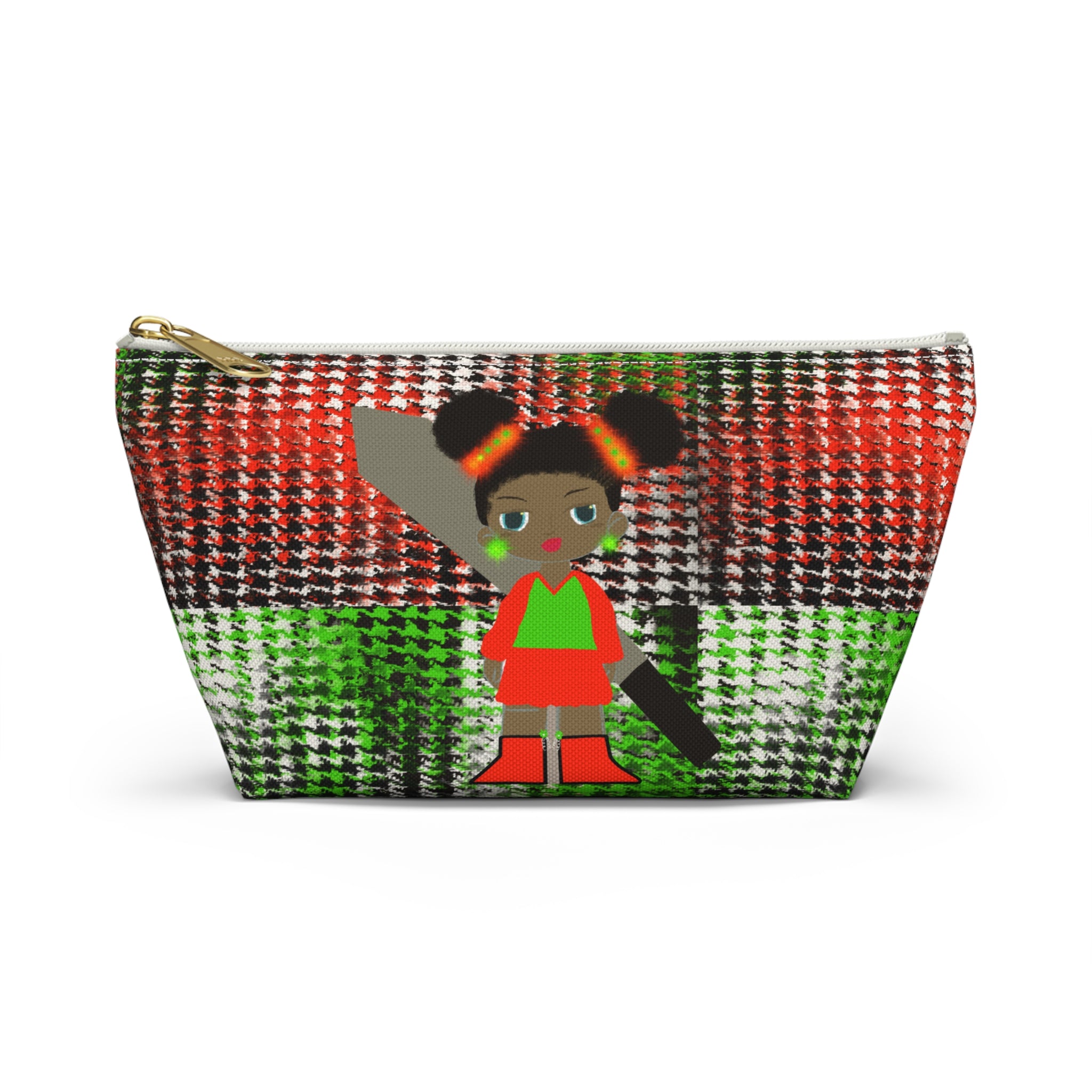 African Girl Pattern Accessory Pouch — Red & Green Houndstooth T-Bottom Cosmetic Bag