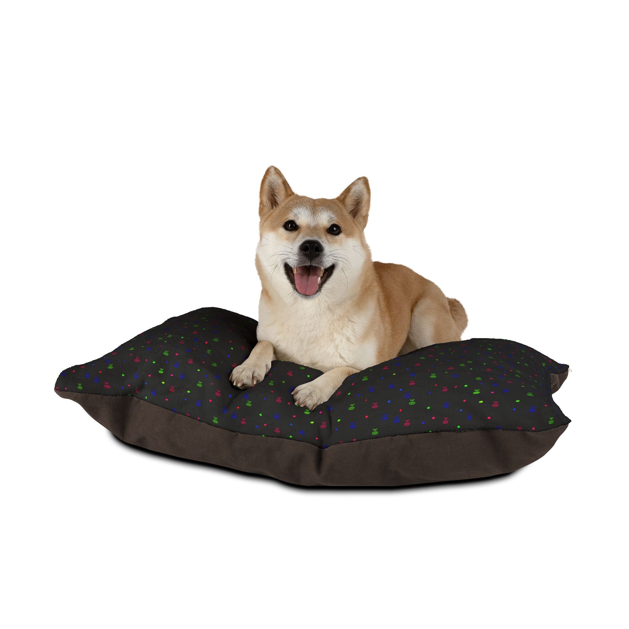 Pet Bed - Cozy Black Plush Bed with Colorful Confetti Paw Print Pattern