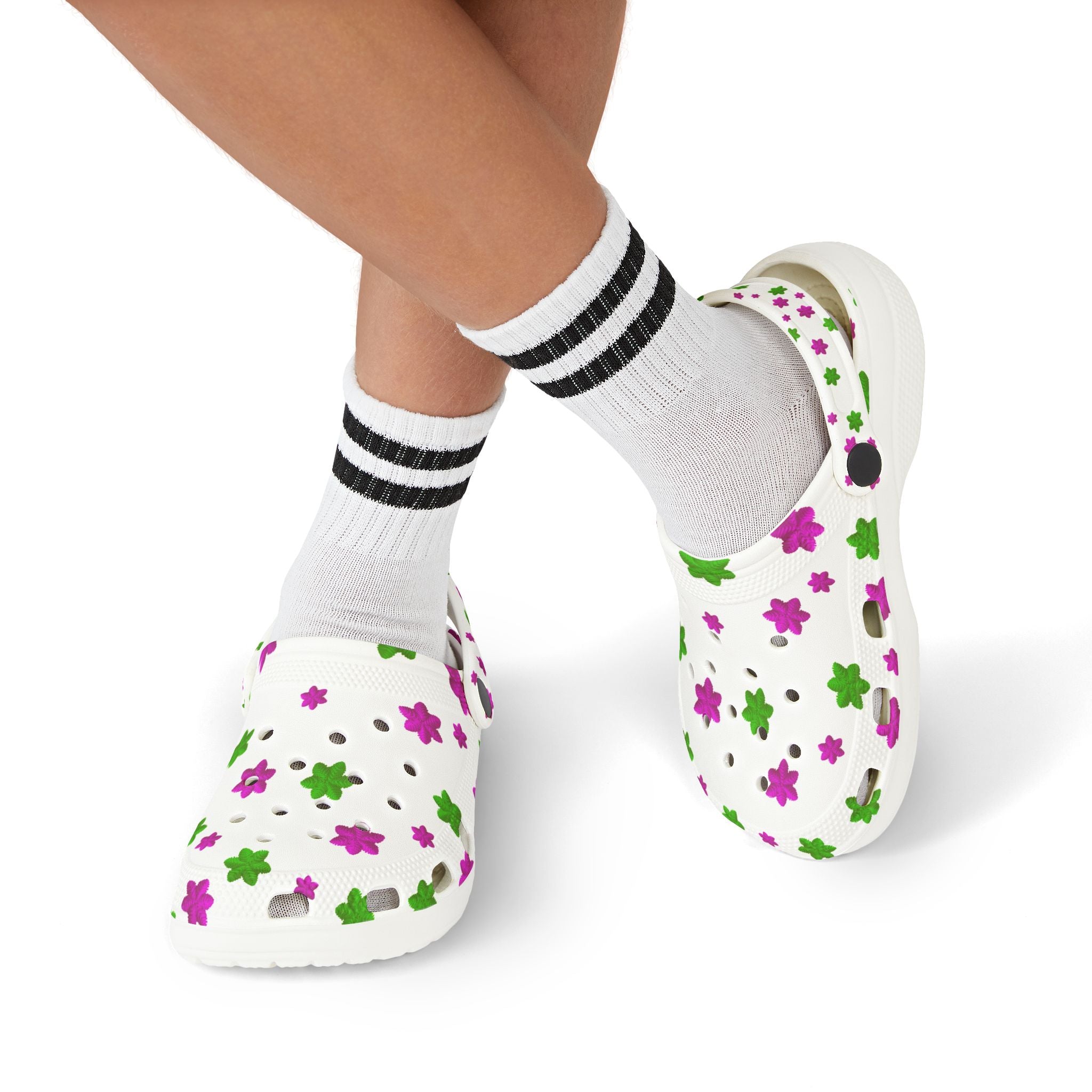 Kids Floral EVA Foam Clogs — White Pink & Green Flower Print