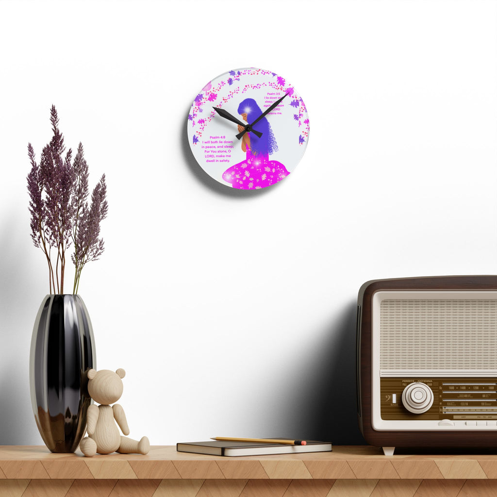 Inspirational Psalm Acrylic Wall Clock — Pink Silhouette Prayer Design