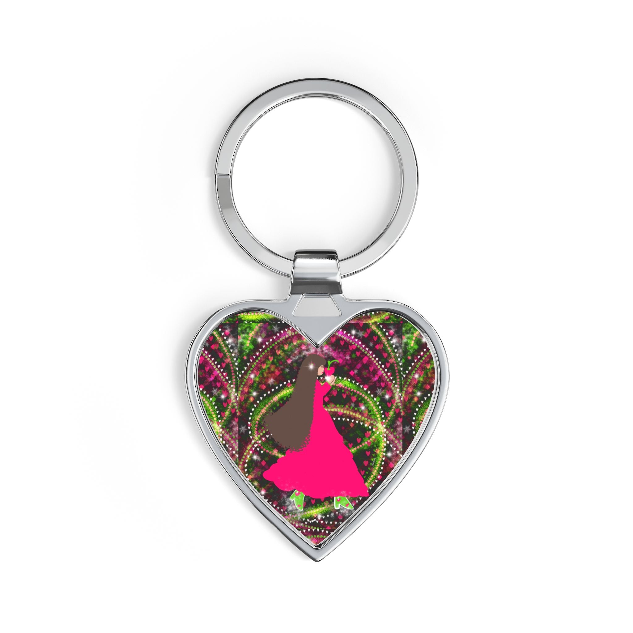 Heart Keychain — Girl Silhouette Pink Dress on Psychedelic Floral Background