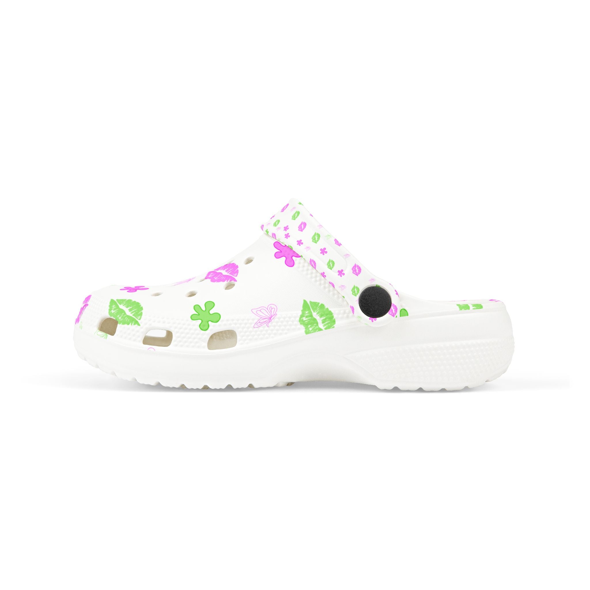 Kids Floral & Lips EVA Foam Clogs — Pink & Green Patterned Slip-On Sandals