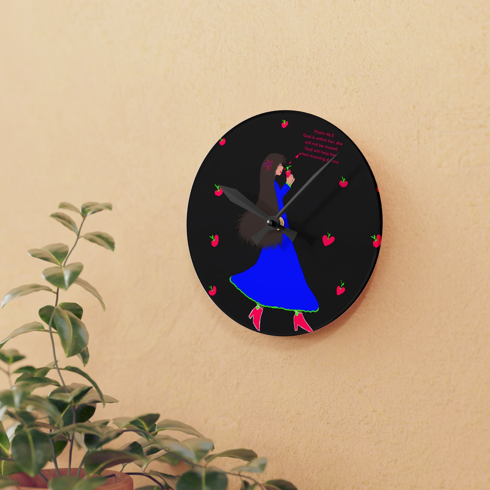 Acrylic Wall Clock — Whimsical Girl with Apples Illustration