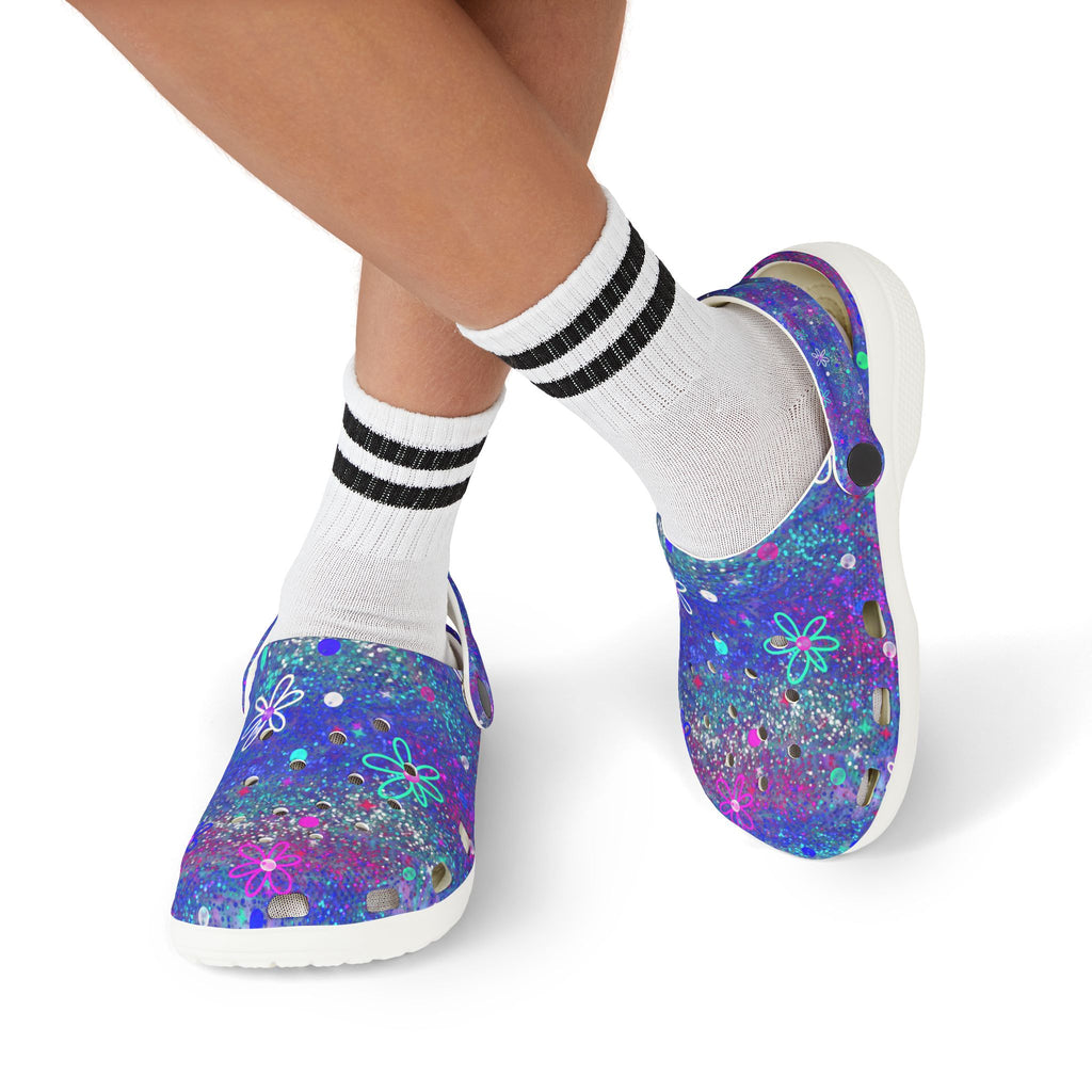Kids Floral Galaxy EVA Foam Clogs — Purple Sparkle All-Over Print