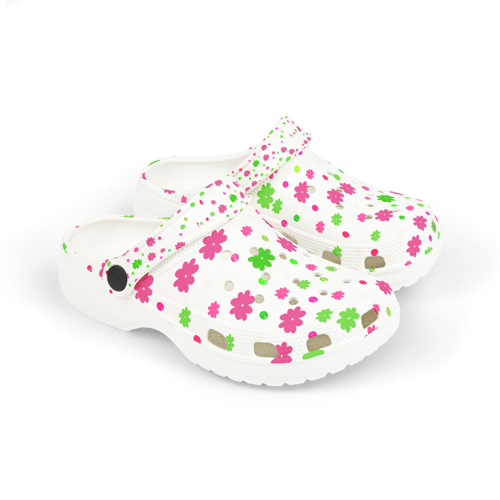 Kids Floral Foam Clogs — White Pink & Green Flower Slip-On Shoes