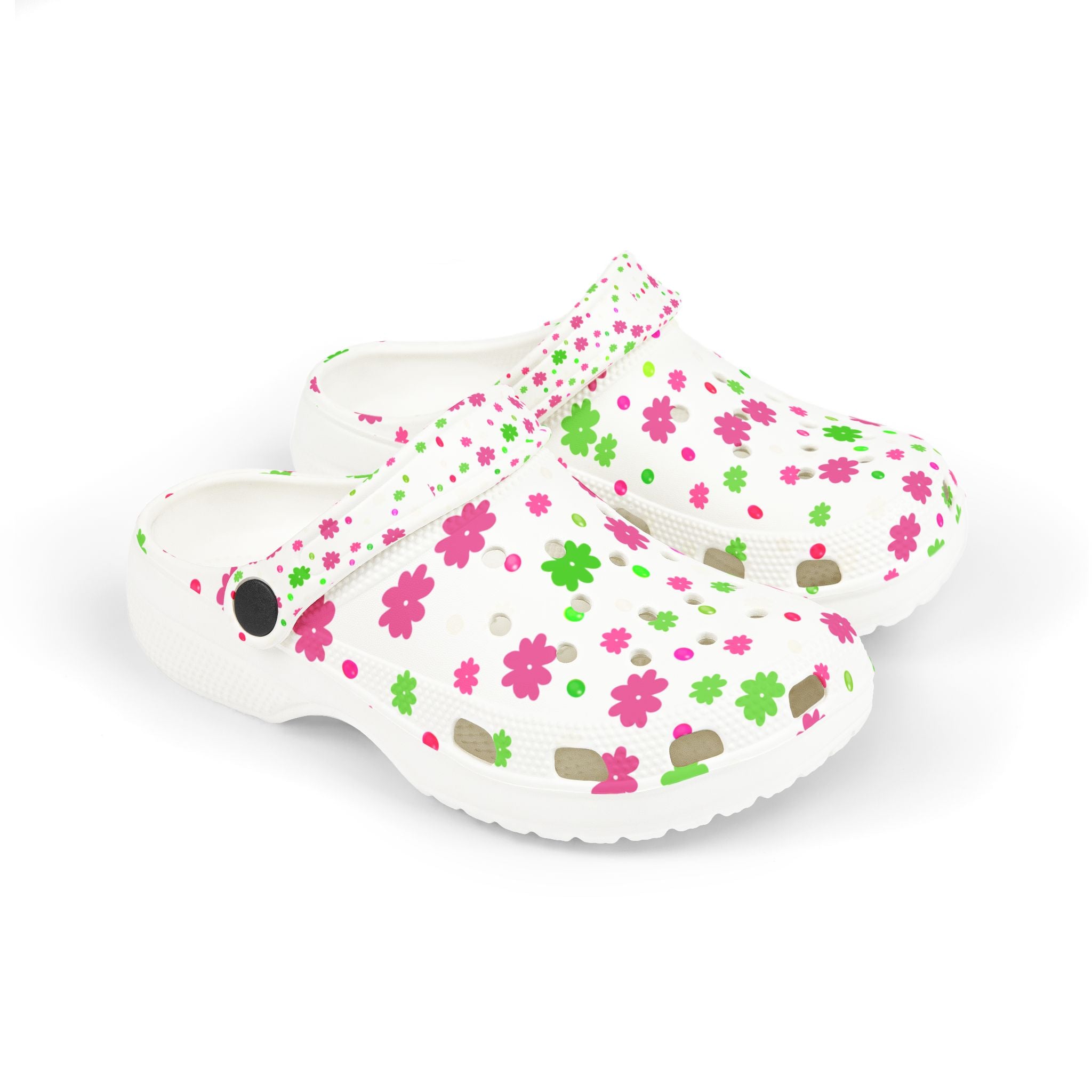 Kids Floral Foam Clogs — White Pink & Green Flower Slip-On Shoes