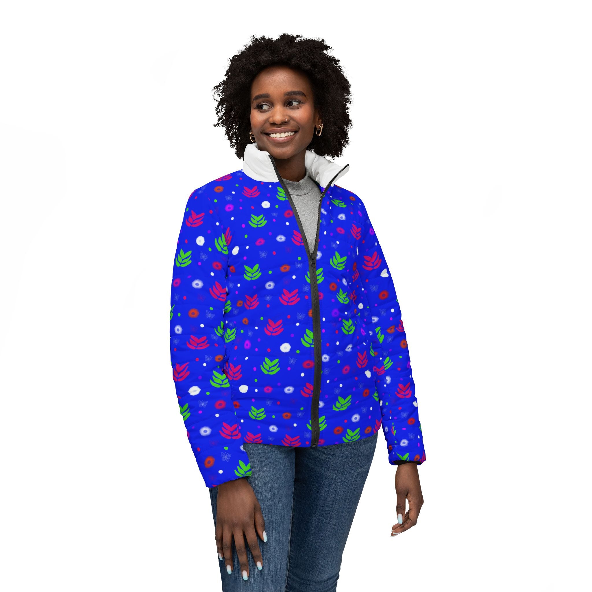 Puffer Jacket — Bright Floral Dot Print Women’s Winter Coat