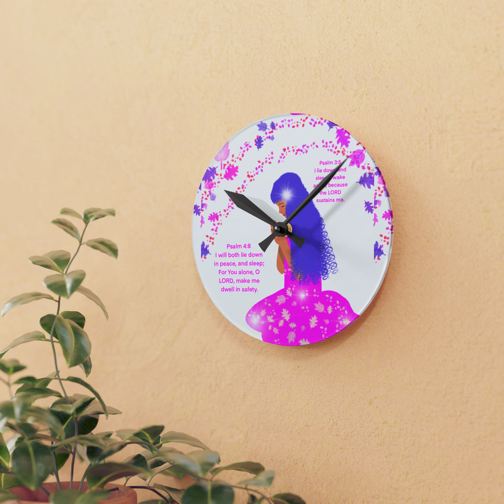 Inspirational Psalm Acrylic Wall Clock — Pink Silhouette Prayer Design