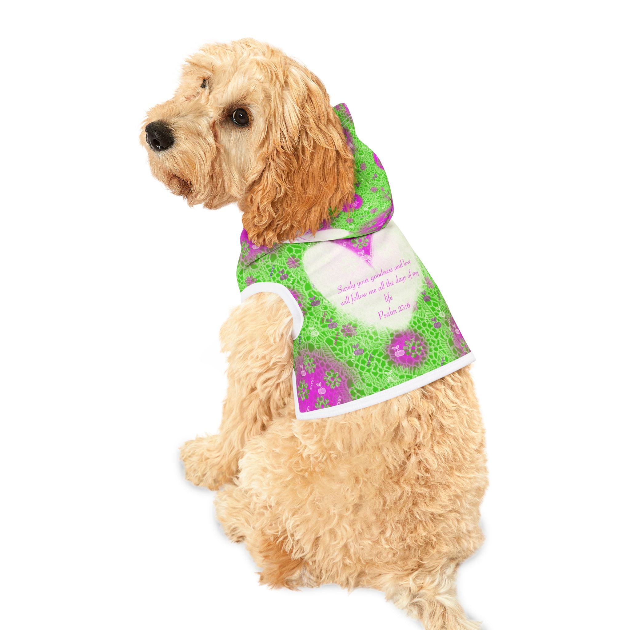 Pet Hoodie — Floral Green & Pink Heart Design with Psalm 23:6 Quote