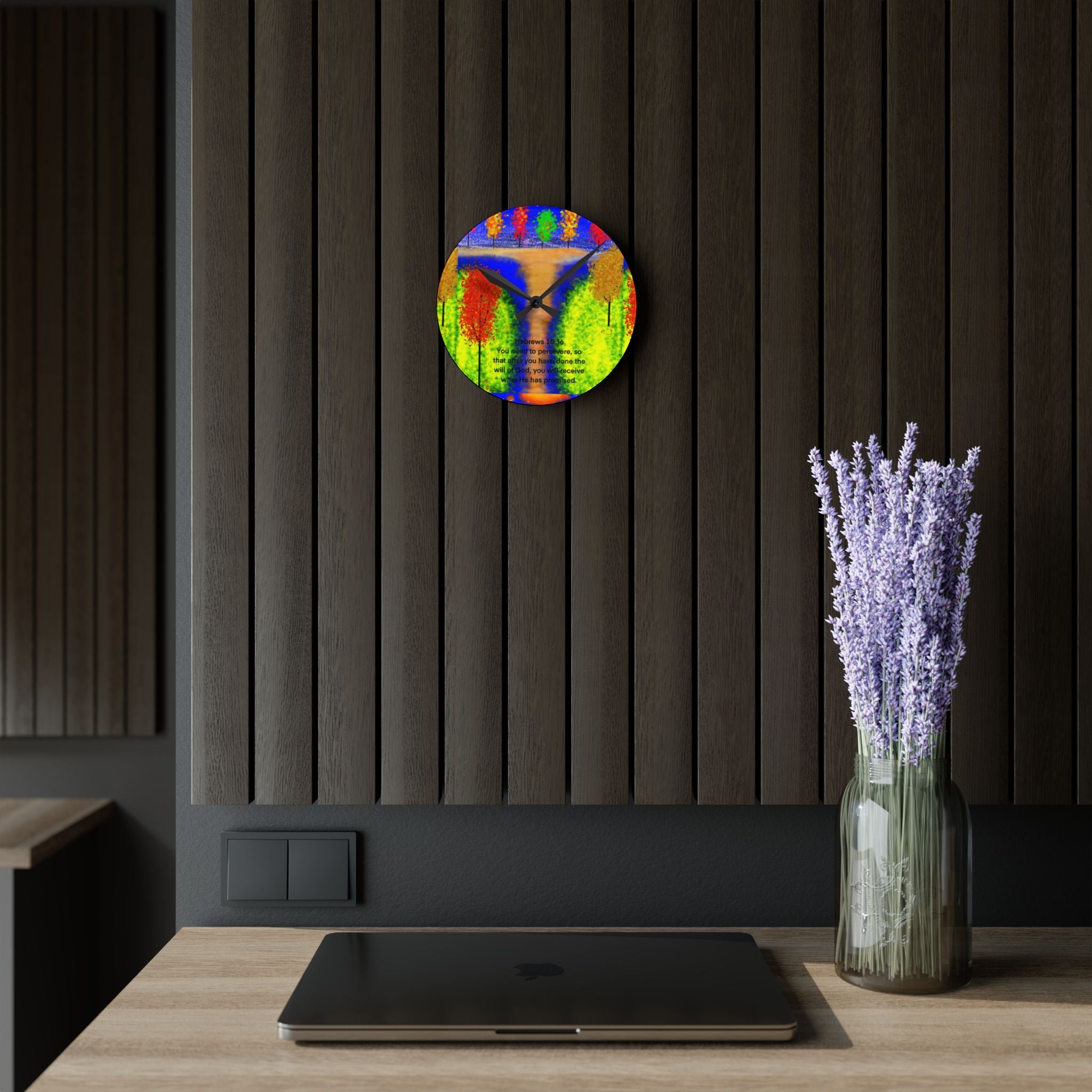 Acrylic Wall Clock — Colorful Autumn Waterfall Art Clock with Inspirational Quote