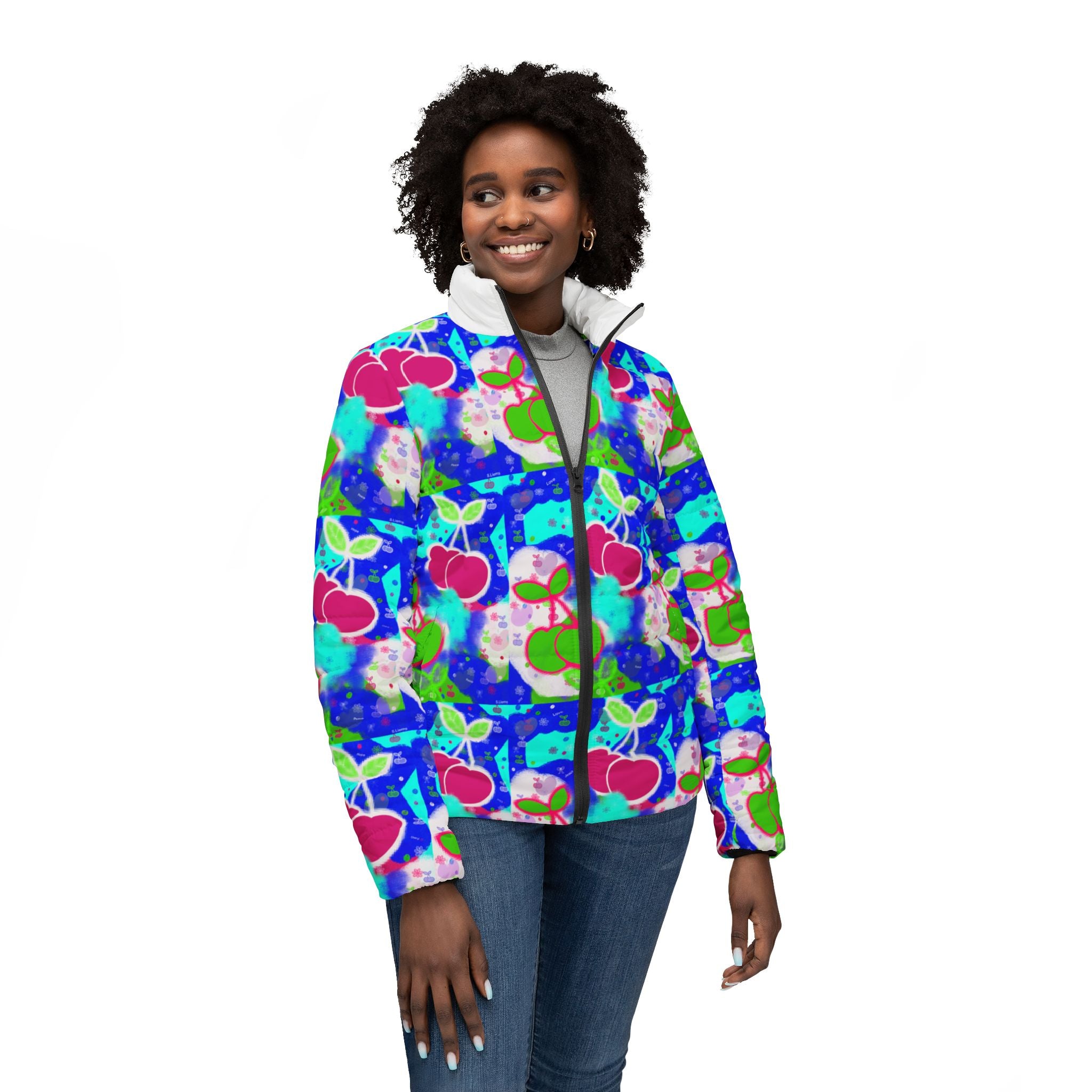 Cherry Pop Women’s Puffer Jacket — Colorful Retro Fruit Print AOP