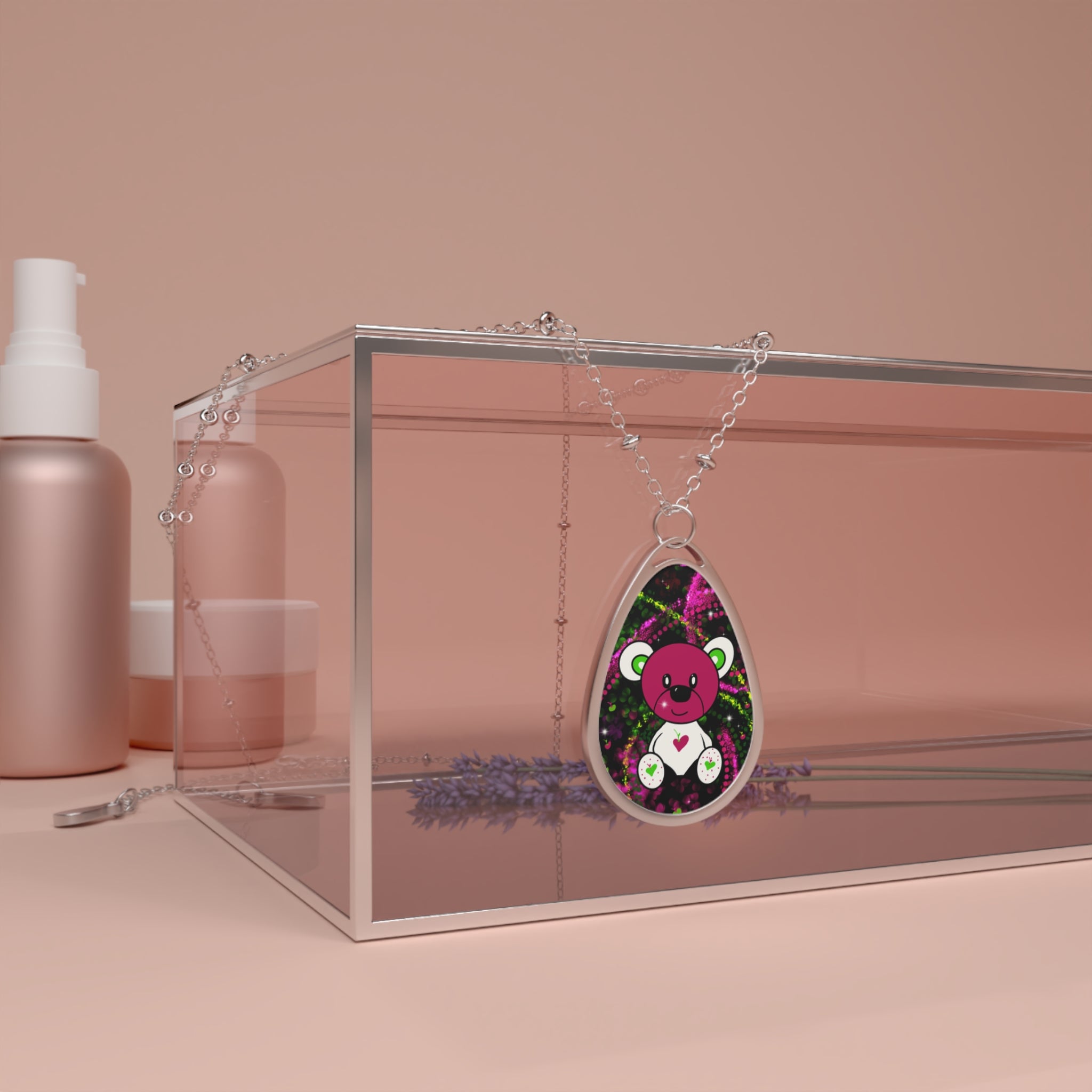 Cute Pink Bear Oval Necklace — Kawaii Teddy Pendant Jewelry