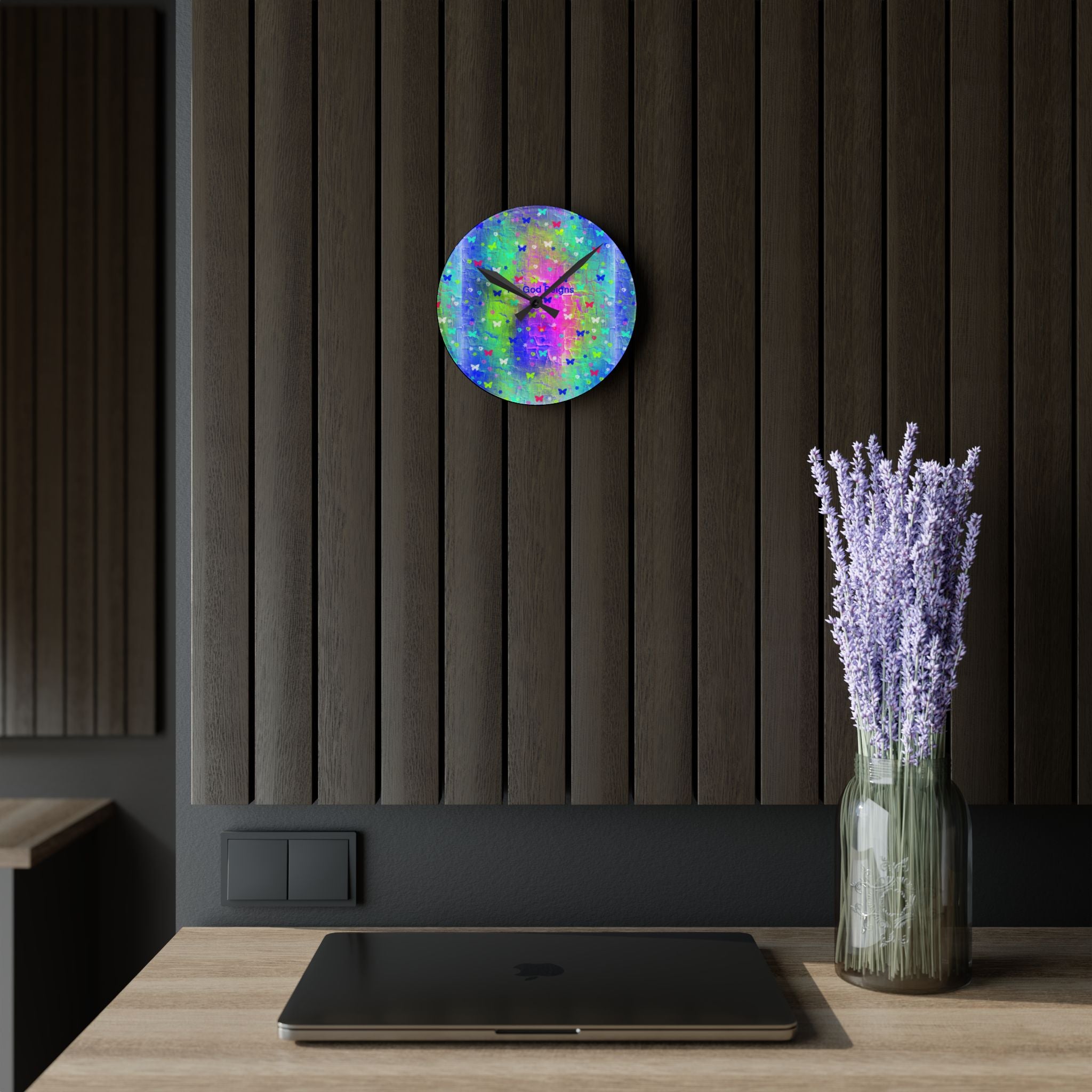 Butterfly Dreams Acrylic Wall Clock — Colorful 'God Reigns' Spiritual Decor