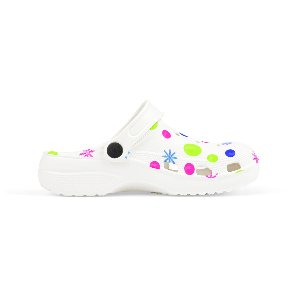 Kids EVA Foam Clogs — White Neon Polka Dot Splash